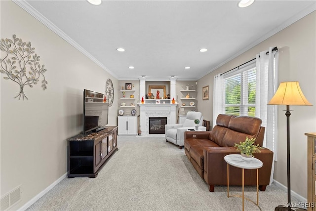1660 Shallow Creek Trl, Webster, NY 14580 - carpeted living room with a large fireplace, recessed lighting, ornamental molding, baseboards, and built in shelves