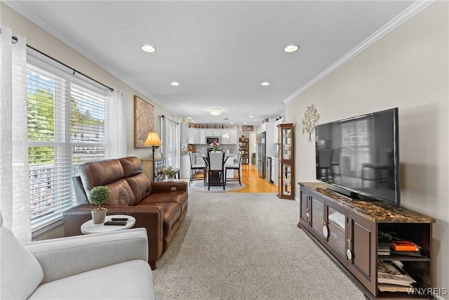 1660 Shallow Creek Trl, Webster, NY 14580 - living area featuring ornamental molding, recessed lighting, and light carpet