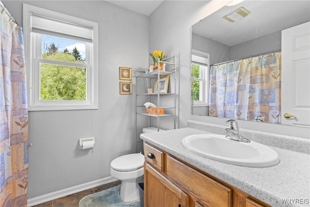 1660 Shallow Creek Trl, Webster, NY 14580 - bathroom featuring toilet, vanity, baseboards, tile patterned floors, and curtained shower