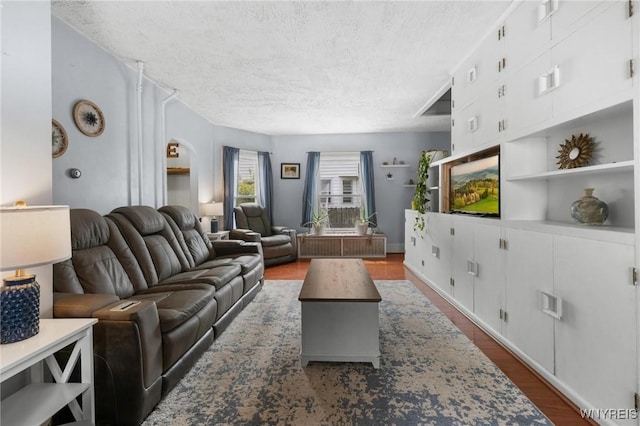 2654 Main St, Newfane, NY 14108 - living room with a textured ceiling and dark wood-style flooring