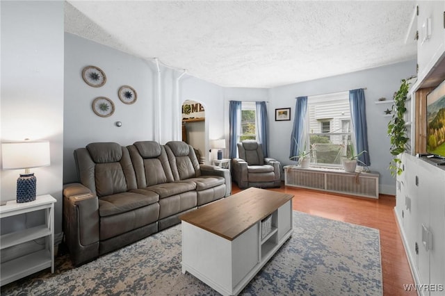 2654 Main St, Newfane, NY 14108 - living area featuring a textured ceiling, wood finished floors, and arched walkways