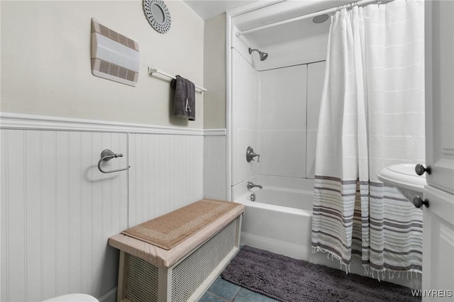 2654 Main St, Newfane, NY 14108 - full bathroom with shower / bath combo, wainscoting, toilet, and tile patterned flooring