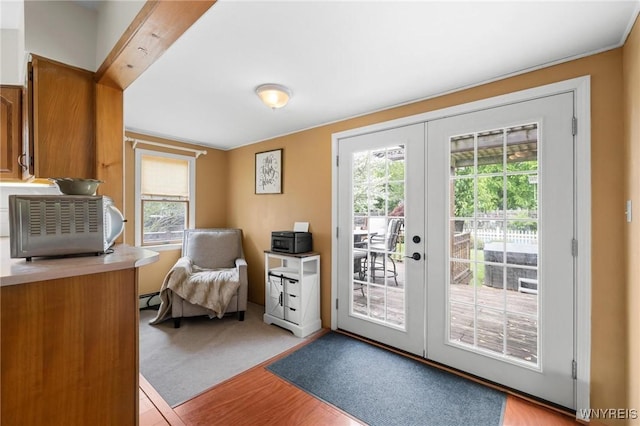2654 Main St, Newfane, NY 14108 - doorway featuring french doors, plenty of natural light, light wood finished floors, and a baseboard radiator