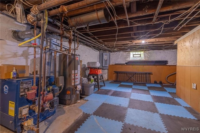 2654 Main St, Newfane, NY 14108 - below grade area with water heater, tile patterned floors, and a heating unit