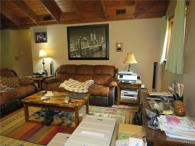 47089 County Route 100, Alexandria, NY 13640 - living area featuring wooden ceiling with exposed beams