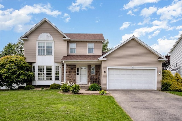 65 Geraldine Pkwy, Gates, NY 14624 - view of front of home with asphalt driveway, a front yard, a garage, brick siding, and a shingled roof