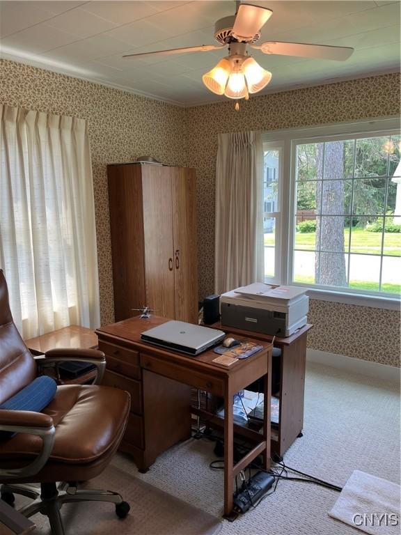 7 Roberts St, Adams, NY 13605 - office space featuring wallpapered walls, carpet, and ceiling fan