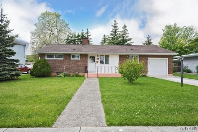 1104 98th St, Niagara Falls, NY 14304 - ranch-style home with brick siding, an attached garage, a front lawn, and driveway