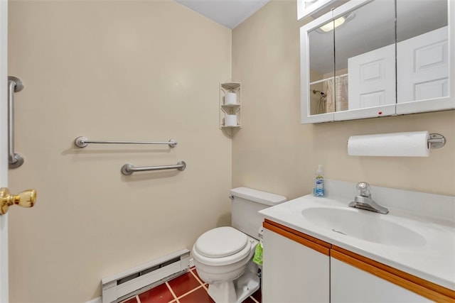 2556 County Highway 22, Richfield, NY 13439 - bathroom with a baseboard radiator, vanity, toilet, a shower with curtain, and tile patterned flooring