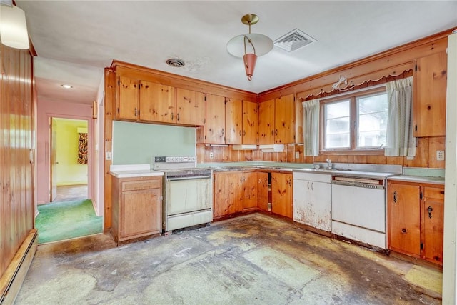 492 Drumm Rd, Webster, NY 14580 - kitchen with white appliances, a baseboard radiator, concrete flooring, and light countertops
