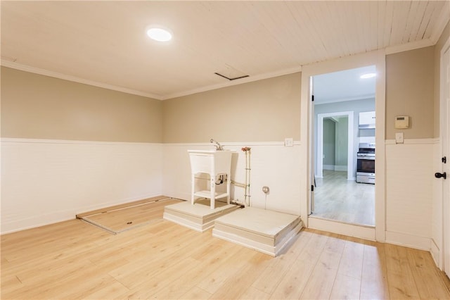 225 Wilder St, Rochester, NY 14611 - workout area featuring light wood-style flooring, ornamental molding, and wooden ceiling