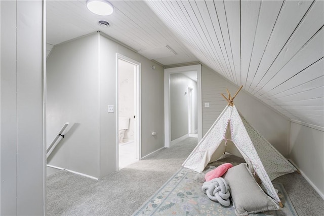 225 Wilder St, Rochester, NY 14611 - rec room with carpet flooring, lofted ceiling, and wood ceiling