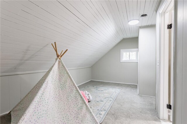225 Wilder St, Rochester, NY 14611 - additional living space featuring vaulted ceiling, light carpet, wooden ceiling, and baseboards