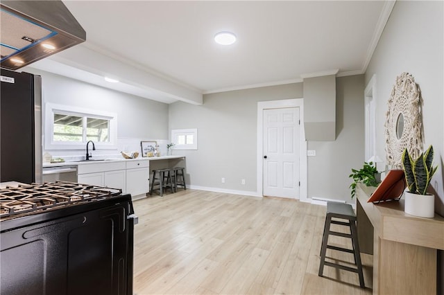 225 Wilder St, Rochester, NY 14611 - kitchen with black range with gas stovetop, light countertops, light wood-style flooring, ornamental molding, and white cabinets