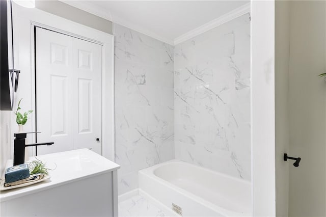 225 Wilder St, Rochester, NY 14611 - bathroom with marble finish floors, vanity, crown molding, and bathing tub / shower combination