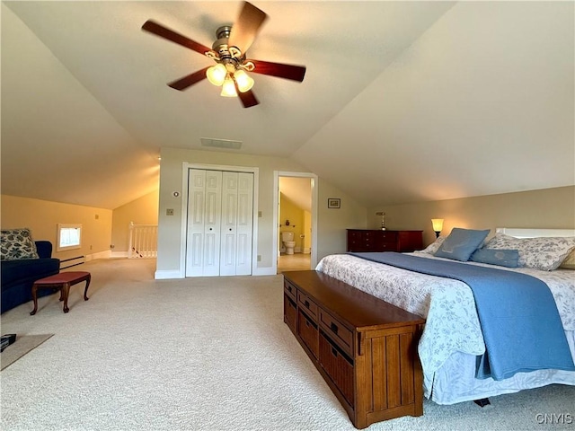 3228 Cedarvale Rd, Onondaga, NY 13120 - bedroom featuring lofted ceiling, light carpet, a baseboard heating unit, baseboards, and a ceiling fan