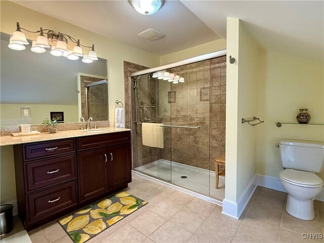 3228 Cedarvale Rd, Onondaga, NY 13120 - bathroom with tile patterned floors, vanity, toilet, a stall shower, and baseboards