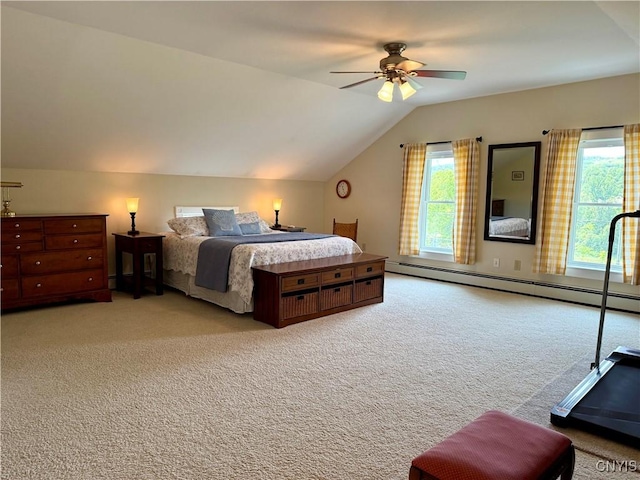 3228 Cedarvale Rd, Onondaga, NY 13120 - bedroom with multiple windows, baseboard heating, vaulted ceiling, light carpet, and ceiling fan