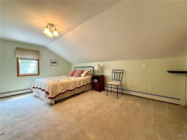3228 Cedarvale Rd, Onondaga, NY 13120 - bedroom featuring a baseboard heating unit, light carpet, and vaulted ceiling