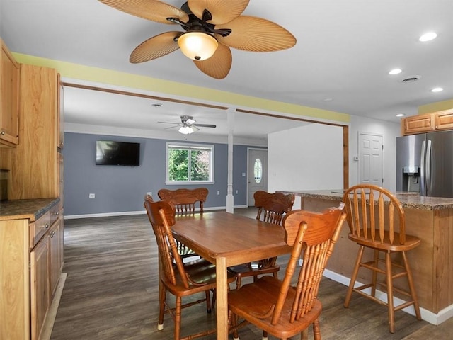 13376 Ridge Rd, Wolcott, NY 14590 - dining space featuring baseboards, ceiling fan, dark wood-style flooring, and recessed lighting