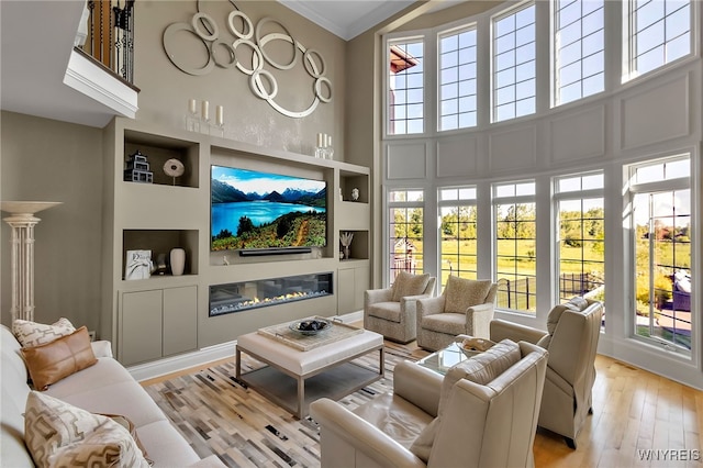 35 Pinegrove Ct, Elma, NY 14059 - living area featuring a high ceiling, built in shelves, light wood-type flooring, a glass covered fireplace, and ornamental molding