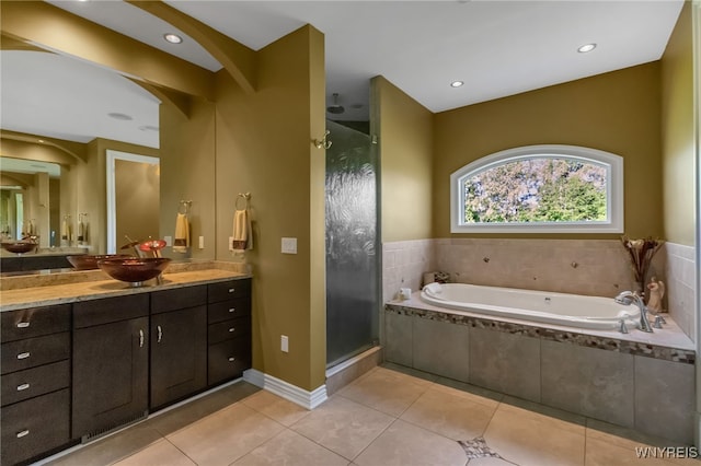 35 Pinegrove Ct, Elma, NY 14059 - bathroom featuring vanity, a garden tub, a stall shower, tile patterned floors, and recessed lighting