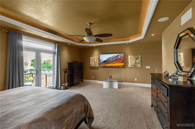 35 Pinegrove Ct, Elma, NY 14059 - bedroom with a raised ceiling, access to exterior, light carpet, baseboards, and french doors