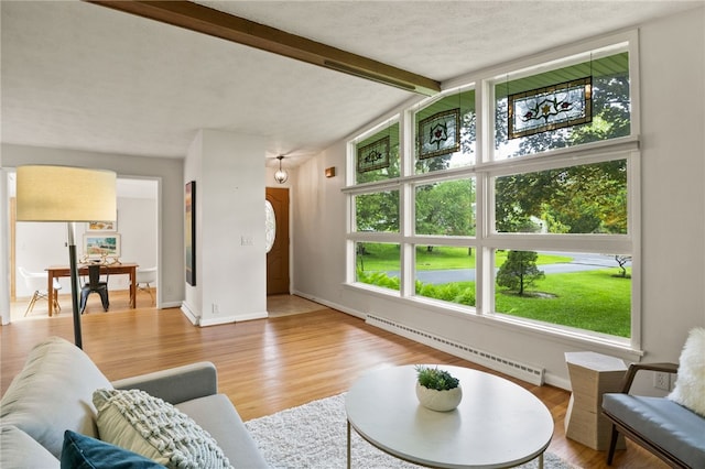 62 E Park Rd, Pittsford, NY 14534 - living area with a baseboard radiator, plenty of natural light, wood finished floors, baseboards, and a textured ceiling