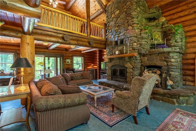 1860 Whiskey Creek Rd, Caton, NY 14830 - living room with wooden ceiling with exposed beams, log walls, a stone fireplace, and high vaulted ceiling