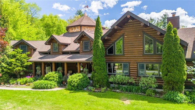 1860 Whiskey Creek Rd, Caton, NY 14830 - rear view of house featuring a yard, a chimney, log exterior, and roof with shingles