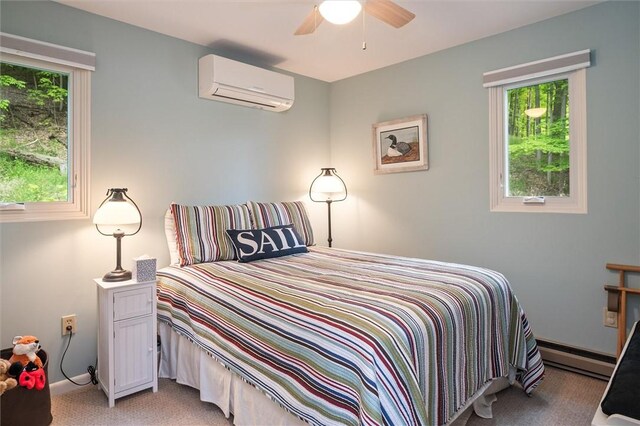 1485 S Lake Rd, Middlesex, NY 14507 - bedroom with a wall unit AC, light carpet, a baseboard heating unit, and baseboards