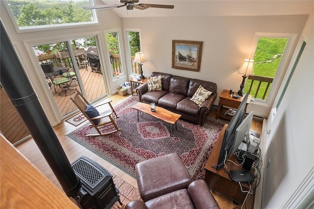 1485 S Lake Rd, Middlesex, NY 14507 - living area with wood finished floors, a ceiling fan, and vaulted ceiling