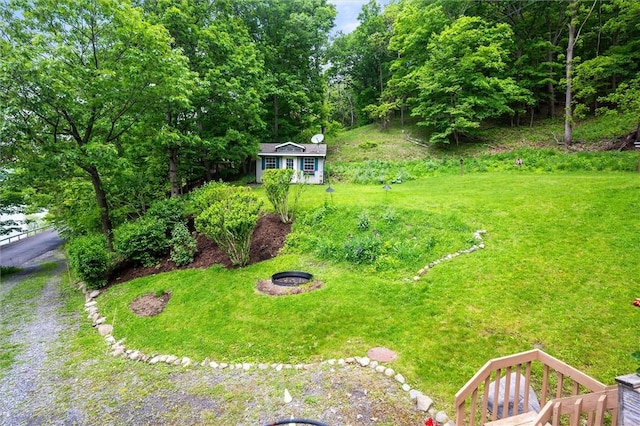 1485 S Lake Rd, Middlesex, NY 14507 - view of grassy yard with an outbuilding and a fire pit
