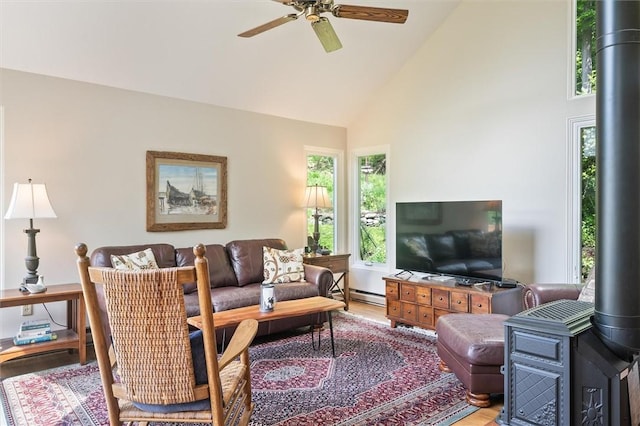 1485 S Lake Rd, Middlesex, NY 14507 - living room with a baseboard radiator, wood finished floors, ceiling fan, high vaulted ceiling, and a wood stove