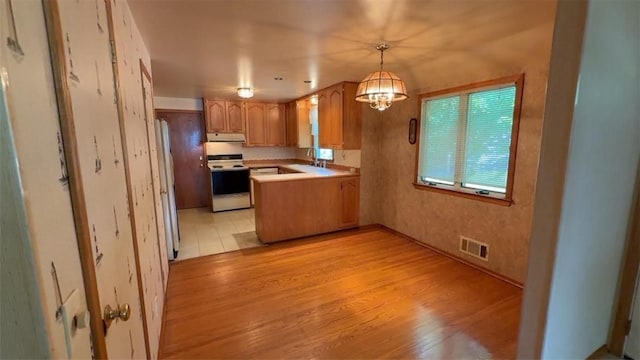 153 Carlisle St, Greece, NY 14615 - kitchen with white appliances, under cabinet range hood, a peninsula, a sink, and light countertops