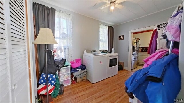 233 Elm St, German Flatts, NY 13357 - laundry area with independent washer and dryer, healthy amount of natural light, light wood-style floors, ornamental molding, and a ceiling fan