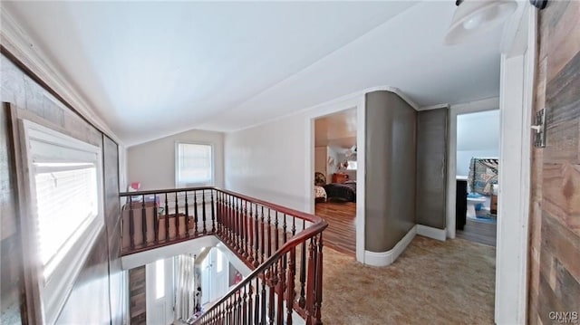 233 Elm St, German Flatts, NY 13357 - corridor with an upstairs landing, vaulted ceiling, carpet, and baseboards