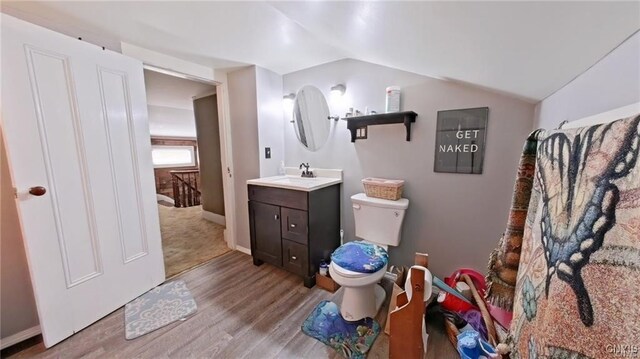 233 Elm St, German Flatts, NY 13357 - bathroom featuring vanity, toilet, wood finished floors, vaulted ceiling, and baseboards