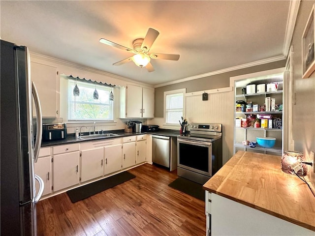 7573 State Route 21, Naples, NY 14512 - kitchen featuring appliances with stainless steel finishes, a sink, ornamental molding, healthy amount of natural light, and dark wood finished floors