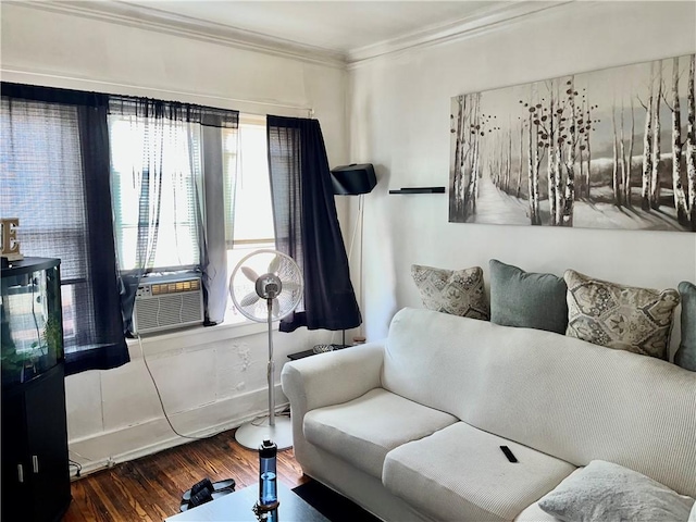 571 Lake Ave, Rochester, NY 14613 - living area with wood finished floors, crown molding, cooling unit, and baseboards