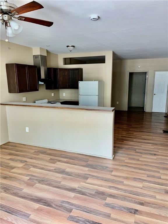 571 Lake Ave, Rochester, NY 14613 - kitchen with freestanding refrigerator, light wood-style floors, a ceiling fan, extractor fan, and dark brown cabinets