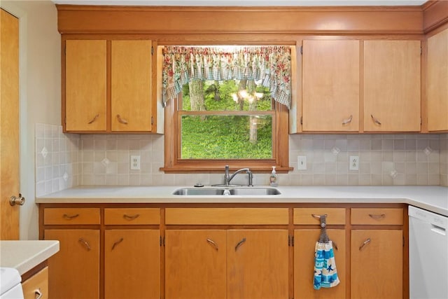 136 Cranbrooke Dr, Irondequoit, NY 14622 - kitchen with a sink, white dishwasher, light countertops, and decorative backsplash