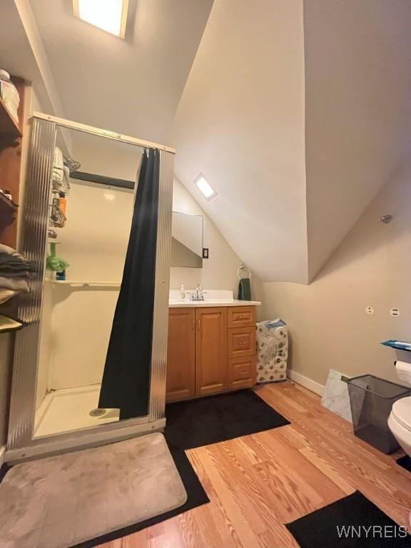 11 Cleveburn Pl Unit 1, Buffalo, NY 14222 - full bathroom featuring toilet, a shower stall, vaulted ceiling, vanity, and wood finished floors