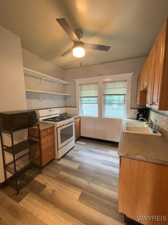 11 Cleveburn Pl Unit 1, Buffalo, NY 14222 - kitchen featuring white gas range, a sink, light wood-style flooring, a ceiling fan, and open shelves