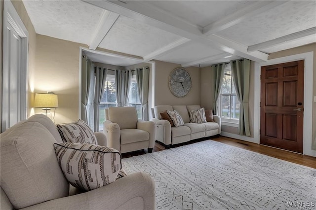 3293 Hartland Rd, Hartland, NY 14067 - living area with wood finished floors, beam ceiling, and baseboards