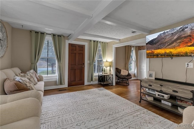 3293 Hartland Rd, Hartland, NY 14067 - living area with wood finished floors and beamed ceiling