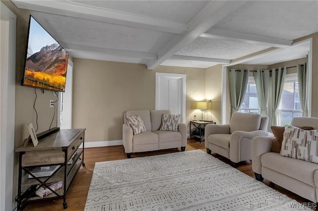 3293 Hartland Rd, Hartland, NY 14067 - living area featuring beam ceiling, baseboards, wood finished floors, and coffered ceiling