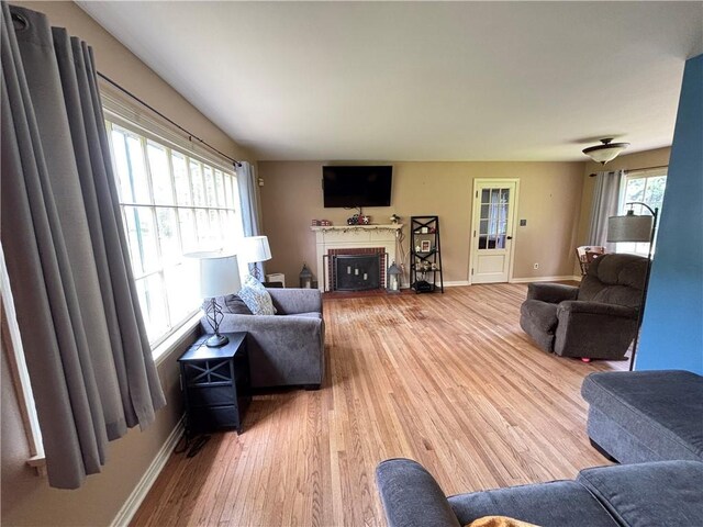 46 Dickerson St, Lyons, NY 14489 - living area featuring baseboards, light wood-style flooring, and a fireplace