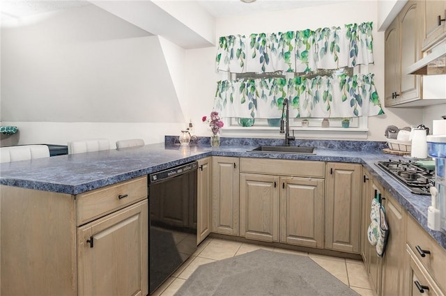 2703 Lembke Rd, Arcadia, NY 14489 - kitchen with black dishwasher, a sink, light tile patterned flooring, and stainless steel gas stovetop