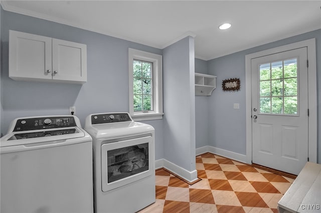 11 S Meadow Dr, Orchard Park, NY 14127 - laundry area featuring cabinet space, washer and clothes dryer, plenty of natural light, recessed lighting, and ornamental molding